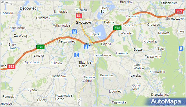 mapa Harbutowice gmina Skoczów, Harbutowice gmina Skoczów na mapie Targeo