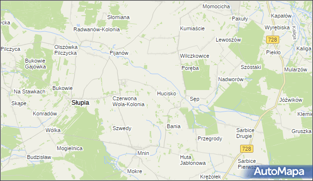 mapa Hucisko gmina Słupia Konecka, Hucisko gmina Słupia Konecka na mapie Targeo