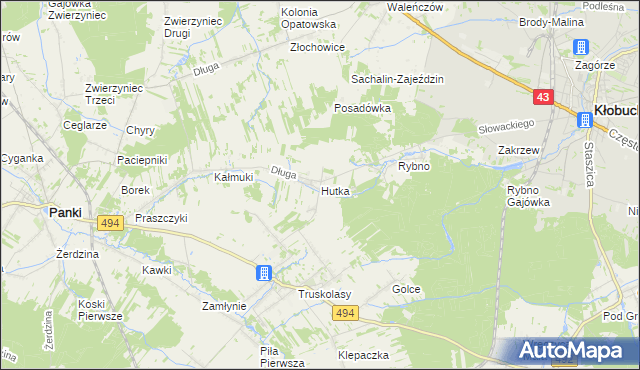 mapa Hutka gmina Wręczyca Wielka, Hutka gmina Wręczyca Wielka na mapie Targeo