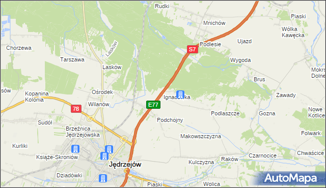 mapa Ignacówka gmina Jędrzejów, Ignacówka gmina Jędrzejów na mapie Targeo