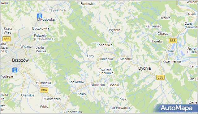 mapa Jabłonka gmina Dydnia, Jabłonka gmina Dydnia na mapie Targeo