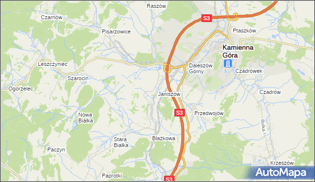 mapa Janiszów gmina Kamienna Góra, Janiszów gmina Kamienna Góra na mapie Targeo