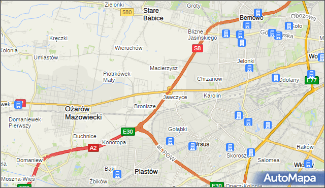 mapa Jawczyce gmina Ożarów Mazowiecki, Jawczyce gmina Ożarów Mazowiecki na mapie Targeo