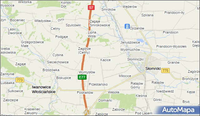 mapa Kacice gmina Słomniki, Kacice gmina Słomniki na mapie Targeo