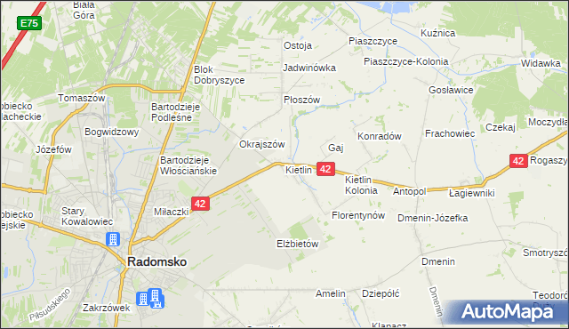 mapa Kietlin gmina Radomsko, Kietlin gmina Radomsko na mapie Targeo