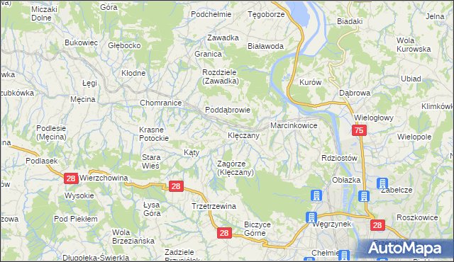 mapa Klęczany gmina Chełmiec, Klęczany gmina Chełmiec na mapie Targeo