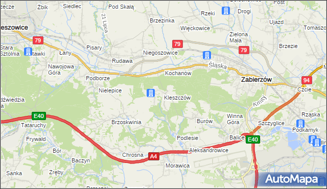 mapa Kleszczów gmina Zabierzów, Kleszczów gmina Zabierzów na mapie Targeo