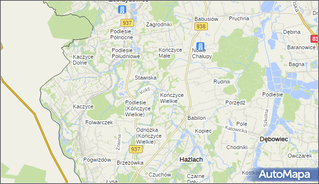 mapa Kończyce Wielkie, Kończyce Wielkie na mapie Targeo