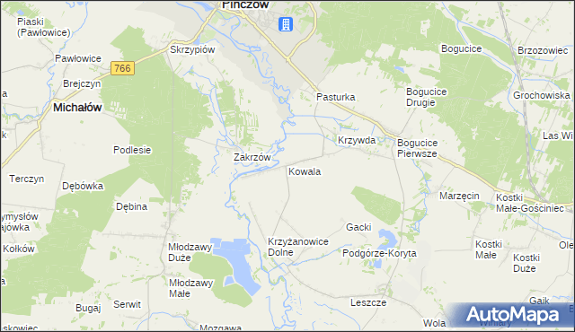 mapa Kowala gmina Pińczów, Kowala gmina Pińczów na mapie Targeo