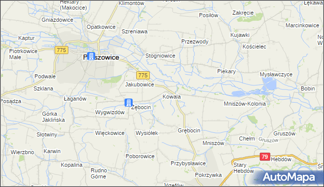 mapa Kowala gmina Proszowice, Kowala gmina Proszowice na mapie Targeo