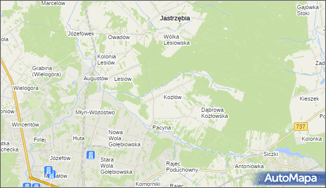 mapa Kozłów gmina Jastrzębia, Kozłów gmina Jastrzębia na mapie Targeo