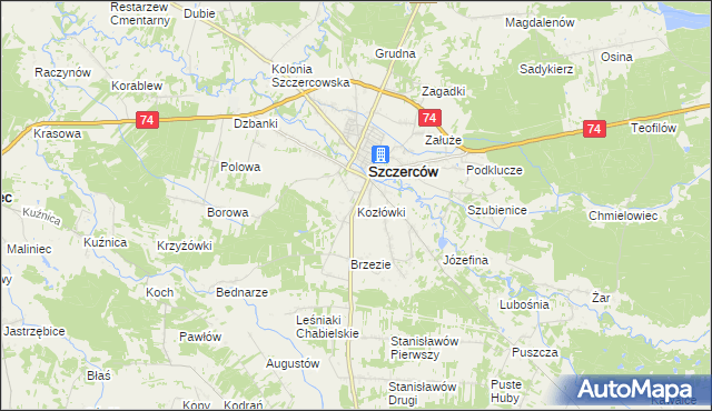 mapa Kozłówki gmina Szczerców, Kozłówki gmina Szczerców na mapie Targeo