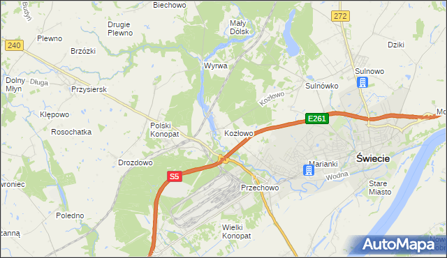 mapa Kozłowo gmina Świecie, Kozłowo gmina Świecie na mapie Targeo