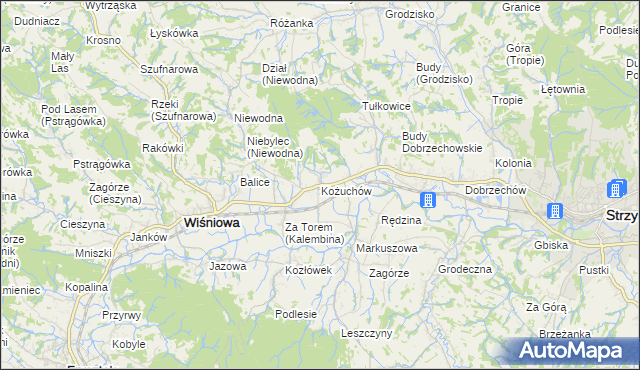 mapa Kożuchów gmina Wiśniowa, Kożuchów gmina Wiśniowa na mapie Targeo