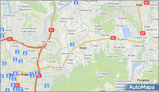 mapa Kozy powiat bielski, Kozy powiat bielski na mapie Targeo