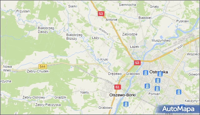 mapa Kruki gmina Olszewo-Borki, Kruki gmina Olszewo-Borki na mapie Targeo