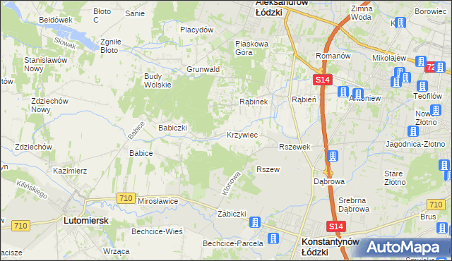 mapa Krzywiec gmina Aleksandrów Łódzki, Krzywiec gmina Aleksandrów Łódzki na mapie Targeo
