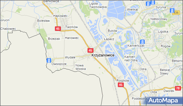 mapa Krzyżanowice powiat raciborski, Krzyżanowice powiat raciborski na mapie Targeo