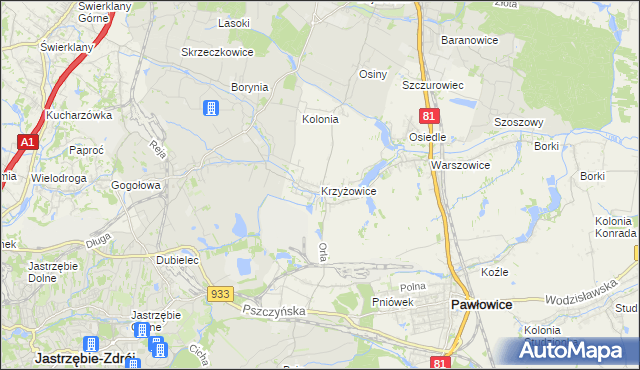 mapa Krzyżowice gmina Pawłowice, Krzyżowice gmina Pawłowice na mapie Targeo