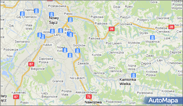 mapa Kunów gmina Chełmiec, Kunów gmina Chełmiec na mapie Targeo