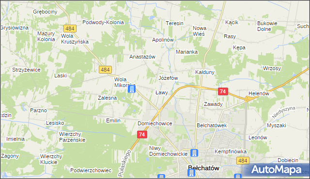 mapa Ławy gmina Bełchatów, Ławy gmina Bełchatów na mapie Targeo