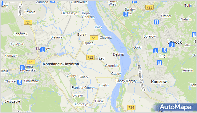 mapa Łęg gmina Konstancin-Jeziorna, Łęg gmina Konstancin-Jeziorna na mapie Targeo