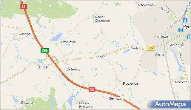 mapa Łozice gmina Kozielice, Łozice gmina Kozielice na mapie Targeo