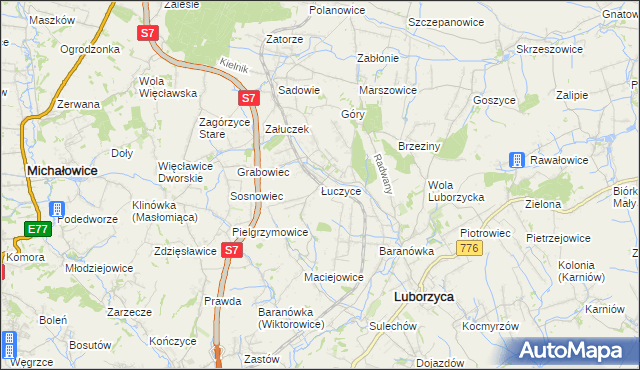 mapa Łuczyce gmina Kocmyrzów-Luborzyca, Łuczyce gmina Kocmyrzów-Luborzyca na mapie Targeo