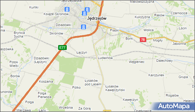 mapa Ludwinów gmina Jędrzejów, Ludwinów gmina Jędrzejów na mapie Targeo