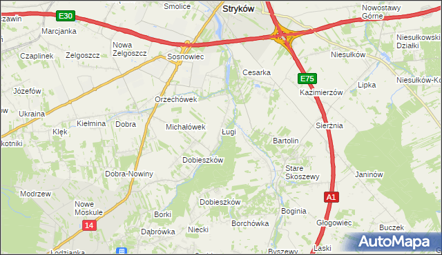 mapa Ługi gmina Stryków, Ługi gmina Stryków na mapie Targeo