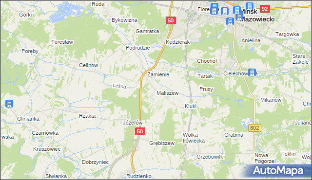 mapa Maliszew gmina Mińsk Mazowiecki, Maliszew gmina Mińsk Mazowiecki na mapie Targeo
