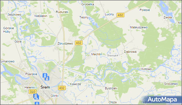 mapa Mechlin gmina Śrem, Mechlin gmina Śrem na mapie Targeo