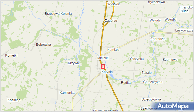 mapa Mielniki gmina Korycin, Mielniki gmina Korycin na mapie Targeo