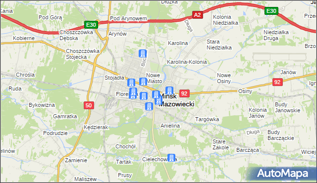 mapa Mińsk Mazowiecki, Mińsk Mazowiecki na mapie Targeo
