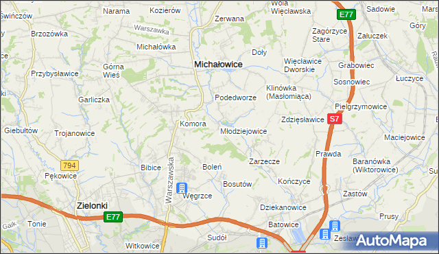 mapa Młodziejowice gmina Michałowice, Młodziejowice gmina Michałowice na mapie Targeo