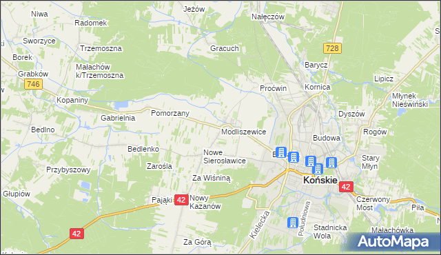mapa Modliszewice, Modliszewice na mapie Targeo