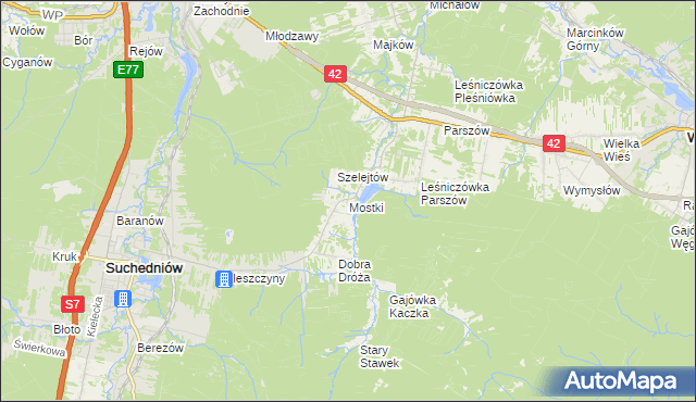 mapa Mostki gmina Suchedniów, Mostki gmina Suchedniów na mapie Targeo