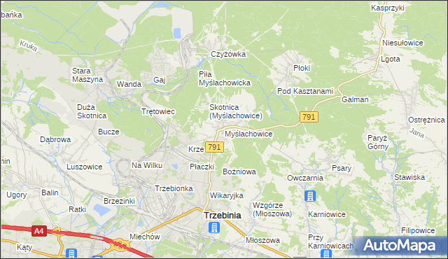 mapa Myślachowice, Myślachowice na mapie Targeo