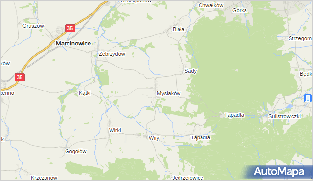 mapa Mysłaków gmina Marcinowice, Mysłaków gmina Marcinowice na mapie Targeo