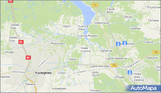 mapa Nowa Kuźnica gmina Koziegłowy, Nowa Kuźnica gmina Koziegłowy na mapie Targeo