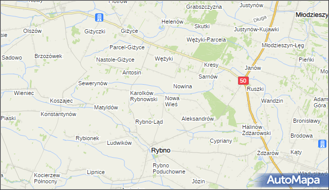 mapa Nowa Wieś gmina Rybno, Nowa Wieś gmina Rybno na mapie Targeo