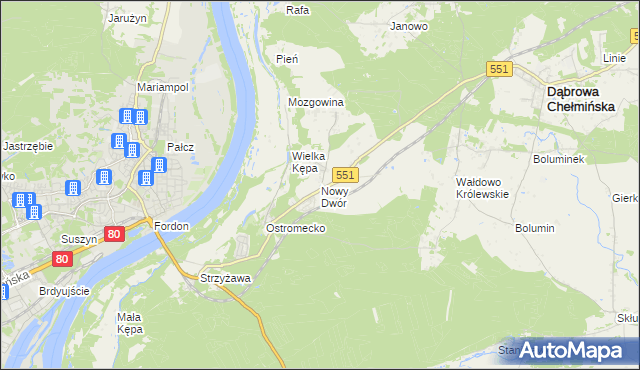 mapa Nowy Dwór gmina Dąbrowa Chełmińska, Nowy Dwór gmina Dąbrowa Chełmińska na mapie Targeo