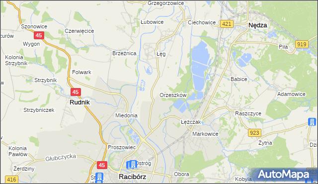 mapa Orzeszków gmina Nędza, Orzeszków gmina Nędza na mapie Targeo