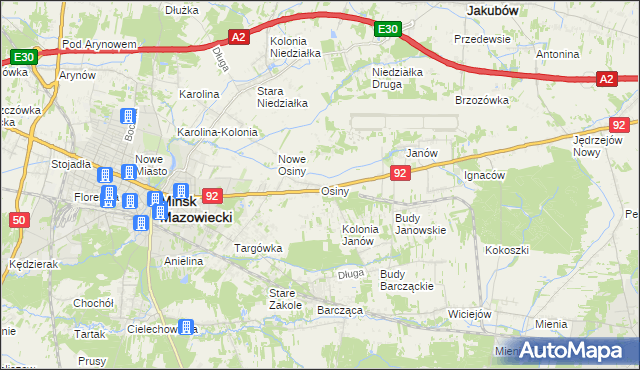 mapa Osiny gmina Mińsk Mazowiecki, Osiny gmina Mińsk Mazowiecki na mapie Targeo