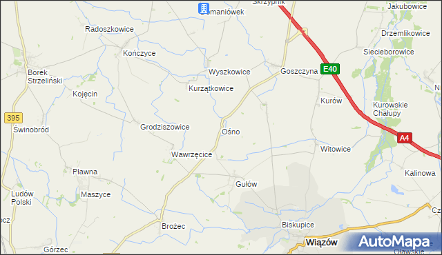 mapa Ośno gmina Wiązów, Ośno gmina Wiązów na mapie Targeo