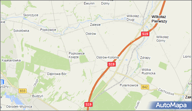 mapa Ostrów-Kolonia gmina Wilkołaz, Ostrów-Kolonia gmina Wilkołaz na mapie Targeo