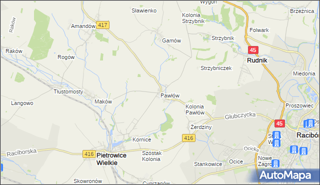 mapa Pawłów gmina Pietrowice Wielkie, Pawłów gmina Pietrowice Wielkie na mapie Targeo