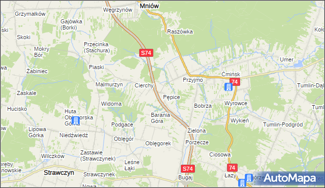 mapa Pępice gmina Mniów, Pępice gmina Mniów na mapie Targeo
