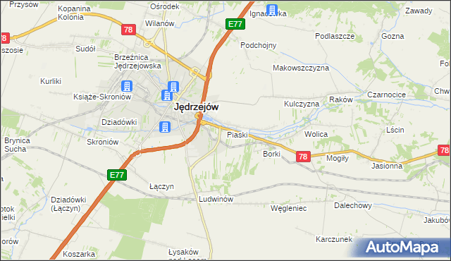 mapa Piaski gmina Jędrzejów, Piaski gmina Jędrzejów na mapie Targeo
