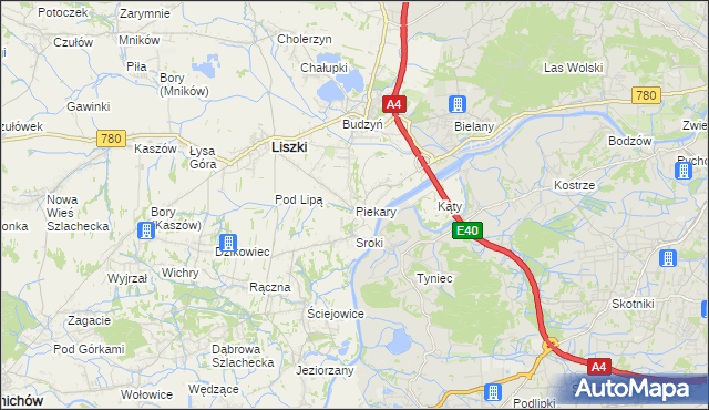 mapa Piekary gmina Liszki, Piekary gmina Liszki na mapie Targeo